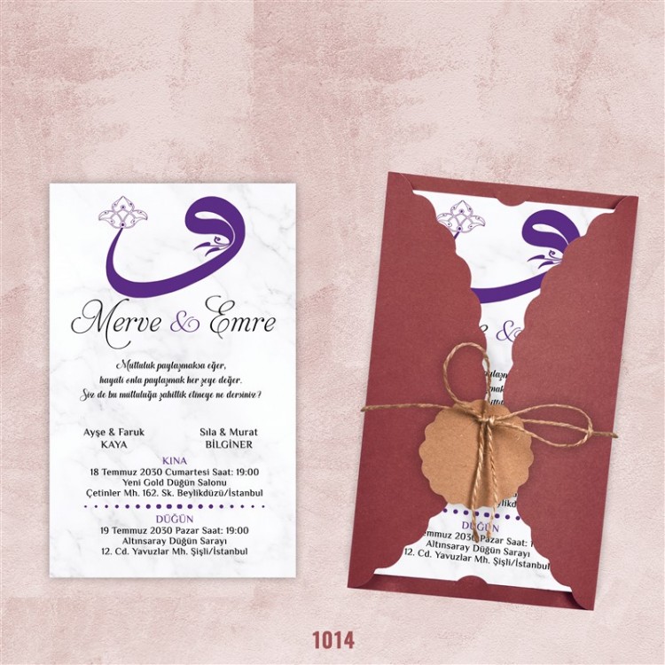 Bordo Burgu Zarflı Davetiye - Model 1014