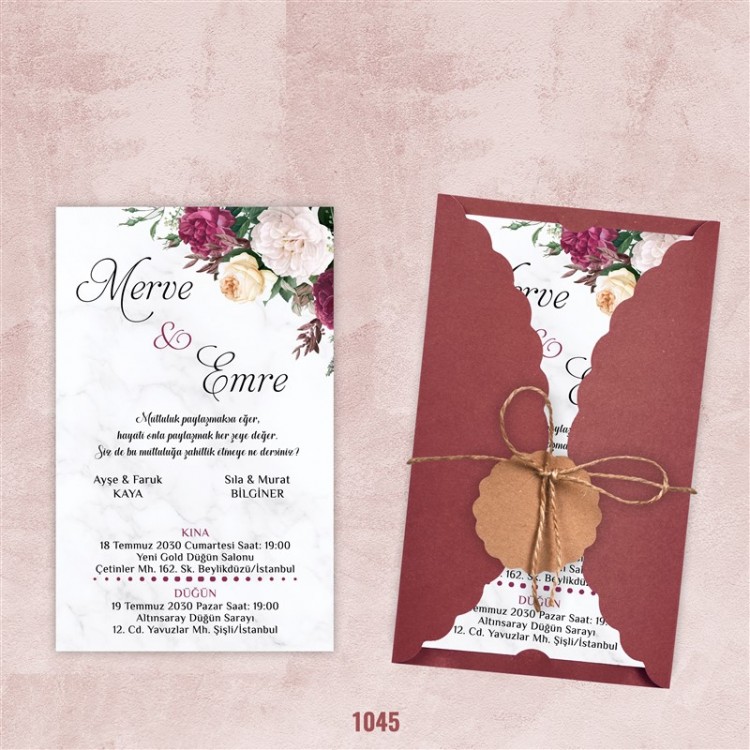 Bordo Burgu Zarflı Davetiye - Model 1045