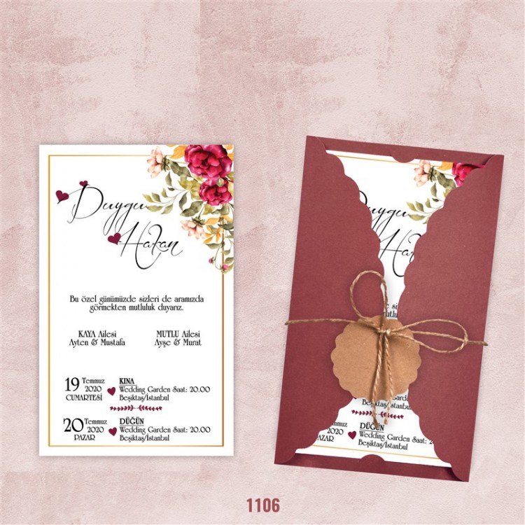Bordu Burgu Zarflı Davetiye - Model 1106